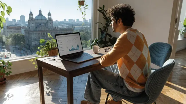 Anfitrión revisando métricas del algoritmo de Airbnb en su laptop desde un departamento con vista a la ciudad