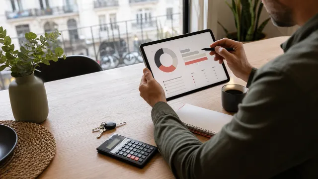 Anfitrión revisando comisiones y liquidaciones de una reserva en una tablet