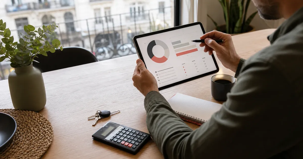 Anfitrión revisando comisiones y liquidaciones de una reserva en una tablet