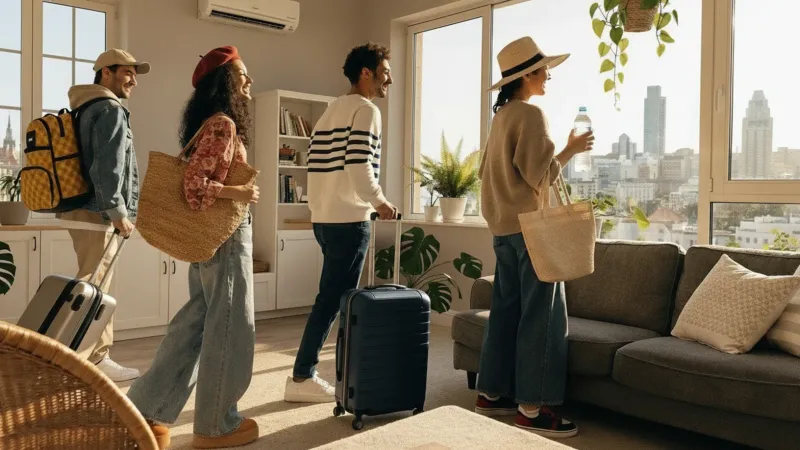 Grupo de huéspedes llegando a un departamento Airbnb en Buenos Aires con sus valijas, admirando la vista a la ciudad