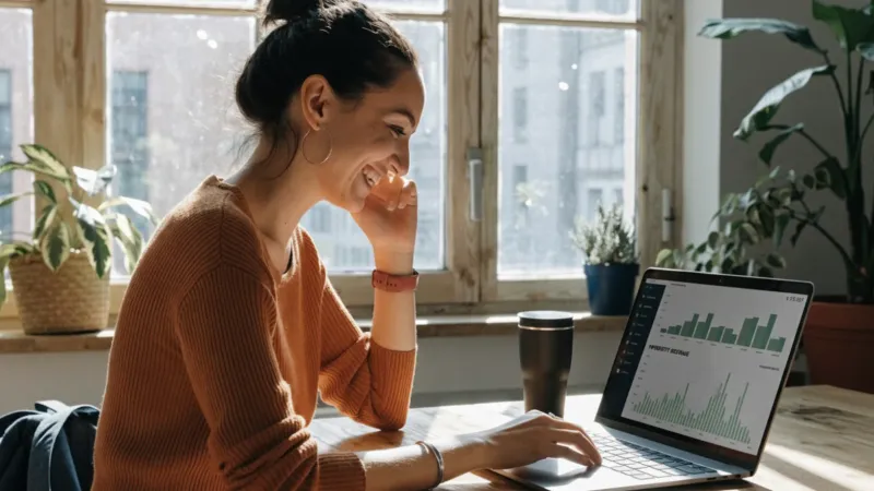 Propietaria revisando los reportes de rendimiento de sus propiedades en Buenos Aires desde su laptop