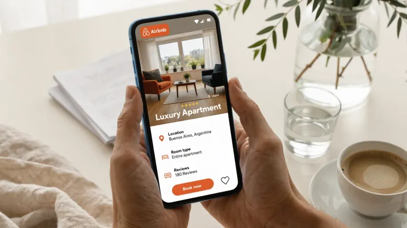 Manos sosteniendo un smartphone con la app de Airbnb mostrando un departamento en Buenos Aires con excelentes reseñas